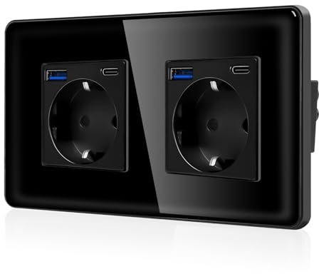 CNBINGO Doppelsteckdose mit 4× USB-Anschluss (Max. 2.1A, Typ-C und USB-A) - Zweifach Schuko Steckdose Unterputz mit 2,5D Curved Glas Platte - Wandsteckdose mit Kindersicherung - 2 Fach Schwarz