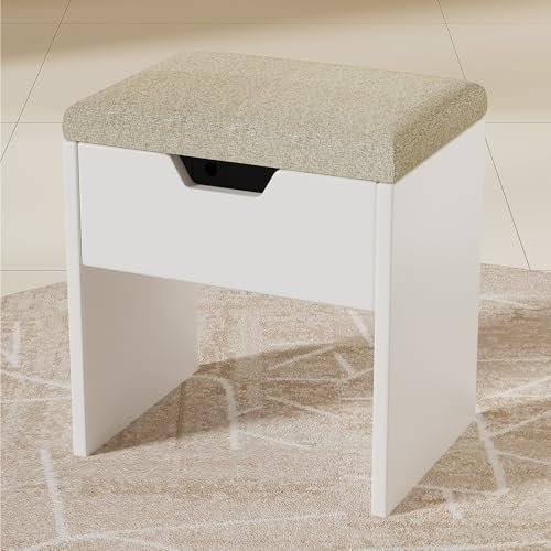 TRIUMPHKEY Sgabello Toilette da Trucco, Tavolo da Trucco con Funzione di Stoccaggio, in Legno,41x38x30 cm,Sedia da Truccarsi per la Camera da Letto,Bianco