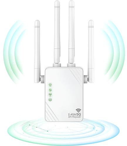 Répéteur WiFi, Extender WiFi, 1200MPs Amplificateur de Signal WiFi, 5GHz et 2.4GHz Dual Band WiFi Booster, Mode Repeater/Router/AP, 4 Antennes, 2 LAN ,Compatible avec MacBook Air 13-inch Laptop