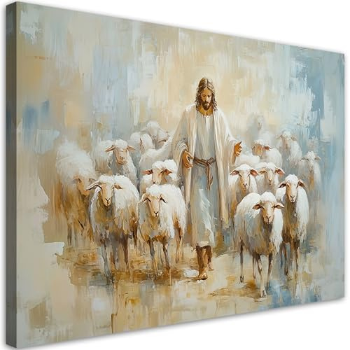 Feeby Bilder - Foto Geschenk - Jesus der gute Hirte - 30x20 1tlg - Leinwandbilder Wohnzimmer - Wandbild über dem Bett - Bild Schlafzimmer - Aesthetic Zimmer Deko - Modern Pictures