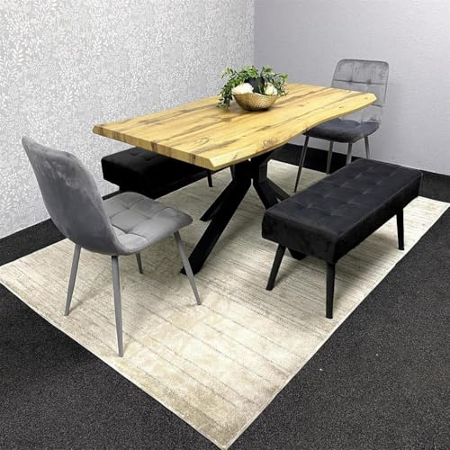 KOSY KOALA Wooden Dining Table with 2 Grey Velvet Chairs and Padded Benches, Dining Room Furniture