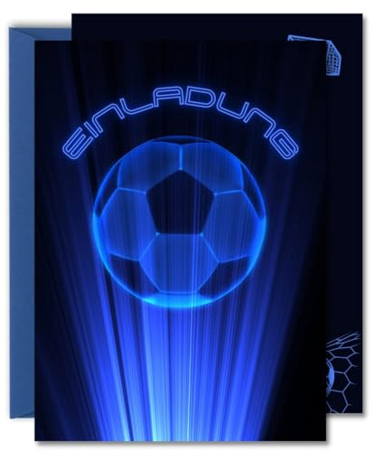 Generisch DEON & GRETA 12x Einladungskarten im Coolen Fußball Design mit Silberglänzendem Chromkarton für die Nächste Jungen & Mädchen Kindergeburtstag Fußball Party inkl. 12 Blauen Umschlägen