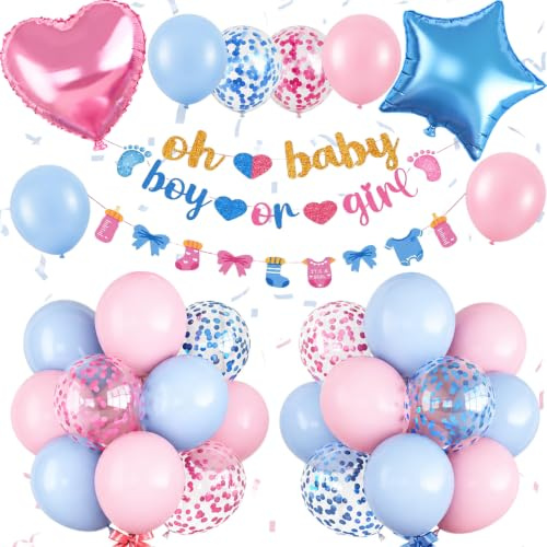 Gender Reveal Decorations Pink Blue Boys or Girls Balloon Set with Star Heart Foil Confetti Balloons Oh Baby Bunting Banner Socks Bottle Paper Garland Pastel Blue Pink Baby Shower Party Decor Kit