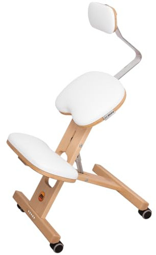 Ergonomischer Stuhl, Kniestuhl Ergo-Comfort+ Snow mit gummierten Rollen und Lendenwirbelstütze, zu 100% aus Buchenholz gefertigt
