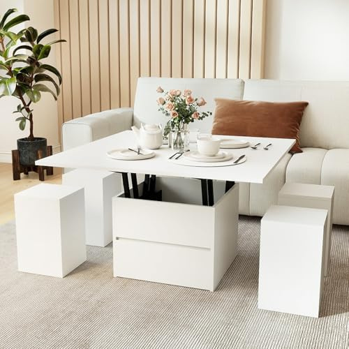 COSTWAY Couchtisch Höhenverstellbar mit 4 Hockern, Wohnzimmertisch Klappbar mit verstecktem Fach & Schublade, 3-in-1 Kaffeetisch umwandelbar in Esstisch, Sofatisch 100 x 50 x 44 cm (Weiß)
