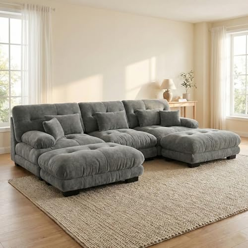 MONNIYU Modulares Ecksofa mit Schlaffunktion, Ecksofa mit Ottomane, Cloud Couch Grey, U Shape Couch, Sofa 3-Seater, Chenille Sofa Bed with Memory Foam, Living Room