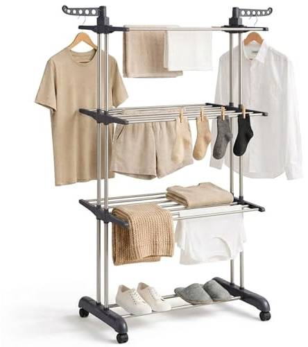 edihome, Tendedero Vertical, Plegable, 4 Niveles con Alas Laterales, Estructura Metálica Resistente, 35 kg Capacidad, con Ruedas, Ahorra Espacio, Interior y Exterior (Gris)