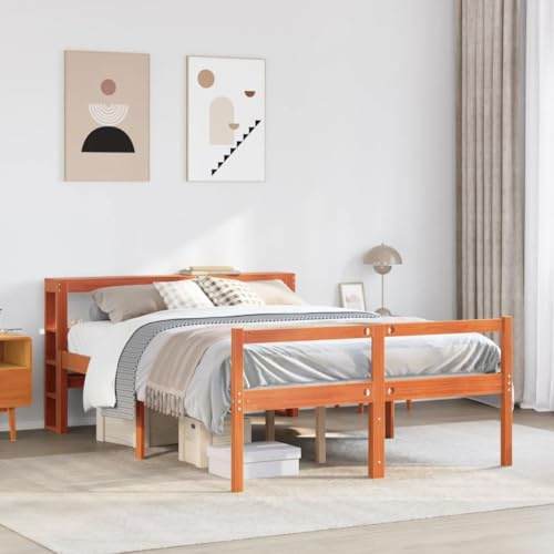 kithwjll Massives Kiefernholz Bettgestell mit Kopfteil, Wachsbraun, 135x190 cm, Seniorenbett mit Stauraum, Hoher Einstieg, Robustes Doppelbett ohne Matratze