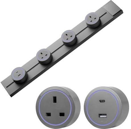 CNBINGO Track Socket, Electrical Outlet Sockets with 4 Adapters,60CM Wall-Mounted Power Socket Rail with Switch for Home Office Kitchen Grey