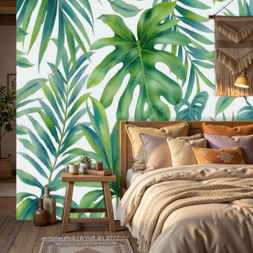 WunM Studio Papel Pintado Panorámico Plantas de la selva y la acuarela,Fotomural Paisaje hojas de palmera,Papel Pintado Tejido No Tejido,Decoración de Pared para Salón Dormitorio Oficina,250x175cm