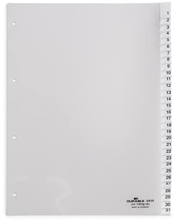 Durable Zahlenregister aus Kunststoff, A4 hoch, volldeckend, 1-31, transparent, 681919