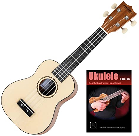 Classic Cantabile Ukulele Sopran Natur Set inkl. Ukulelenschule - Mensur: 34 cm - 15 Bünde - Leichtgängige Mechaniken - Nylonsaiten - Kompakte Größe - Set inkl. Ukulelenschule
