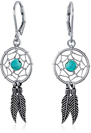 Blau Türkis Western Schmuck Native American Indian Dream Catcher Feder Baumelnd Ohrringe Für Frauen Teen .925 Sterlingsilber