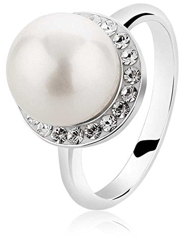 Nenalina Ring Silber 925 Damen Silberring Damenring mit 10 mm Muschelkern Perle und Glas Kristallen