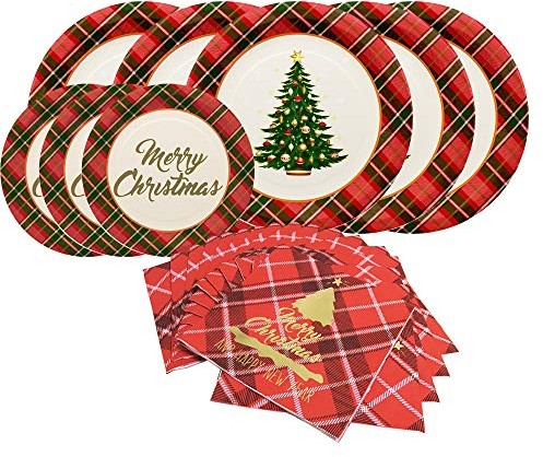 Gatherfun Christmas Party Supplies Christmas Tree Red Plaid Disposable Paper Dinner Plates Dessert Plates and Napkins for Merry Christmas Party, Serve 20