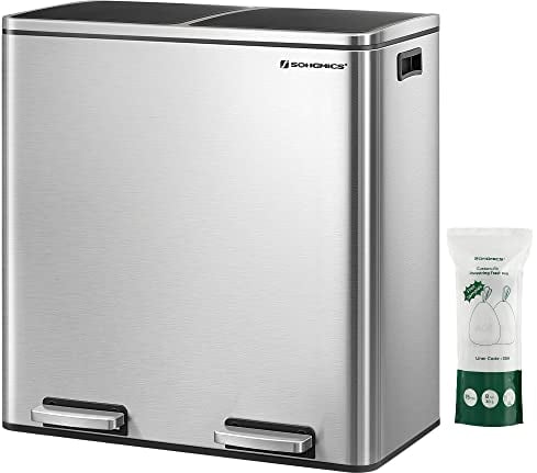 SONGMICS Poubelle de cuisine, 2 x 21 l, avec 15 sacs poubelles, 2 compartiments, seaux intérieurs en plastique et couvercles à charnière, hermétique, argenté et noir ULTB60NL