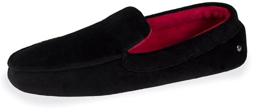 Isotoner Pantofole mocassini uomo in velluto e suola in pelle, Nero , 41 EU