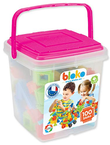 BLOKO - 100 Aufbewahrungstonne mit 1 Spielplatte (Rosa) - Ab 12 Monaten Konstruktionsspielzeug 1. Alter - 503584