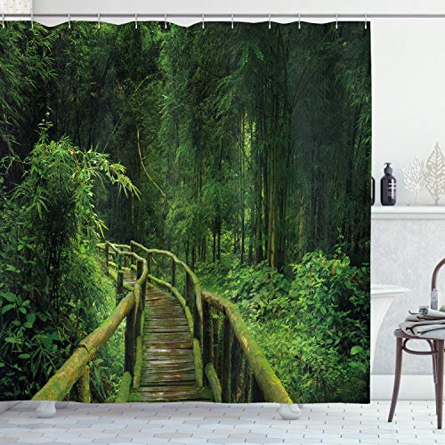 ABAKUHAUS Urwald Duschvorhang, Tropical Thailand Wald, Stoffliches Gewebe Badezimmerdekorationsset mit Haken, 175 x 180 cm, Grün