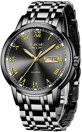 LIGE Armbanduhr Herren, Uhr Herren Quarz-Analoguhr, Herrenuhr mit Kalender, Edelstahlarmband 3ATM Wasserdicht, Klar Leuchtzeiger, Schöne Geschenke, Business Outdoor Erholung, Schwarz/Goldfarben