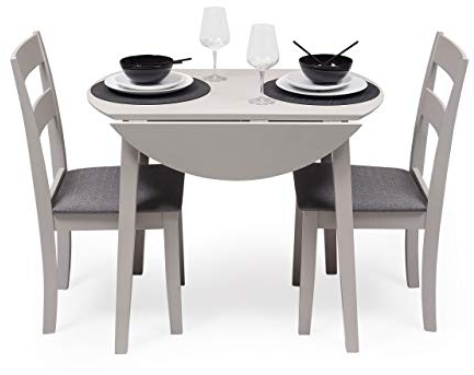 Homely - Conjunto de Comedor Dallas Grey | Mesa de Cocina Redonda Extensible de 90 cm (17,5/55 / 17,5) cm. | Mesa con 2 alas abatibles | 2 sillas de Cocina/Comedor de Madera Lacado en Gris
