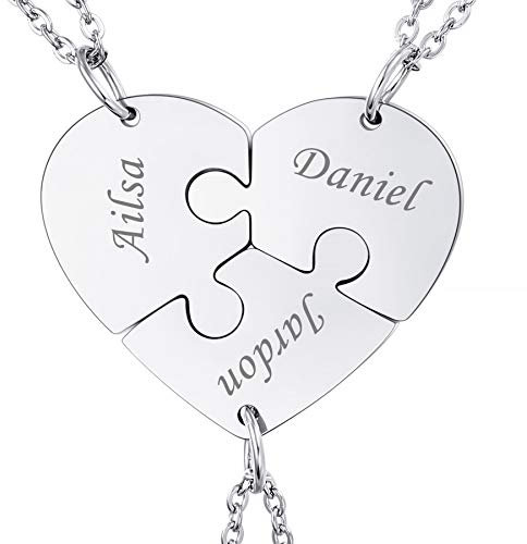 MeMeDIY Personalisierte Herz Anhänger Puzzle Halskette Name für Paare Männer Frauen Gravur für Freund Freundin Edelstahl Liebhaber Set Schmuck Familie Liebe Freundschaft(3 Stücke)