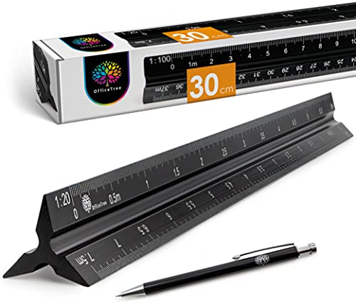 OfficeTree 30 cm Dreikantmaßstab - 1:20, 1:25, 1:50, 1:75, 1:100, 1:125 - Maßstab Lineal Dreikant aus Aluminium - Maßstabslineal für Ingenieure Architekten und Studierende Inkl. Druckbleistift
