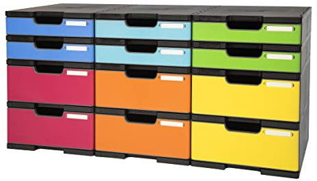 Exacompta 385714TIRD Ablagesystem Modulodoc mit 12 Schubladen 6 Normal und 6 Jumbo schwarz/bunt