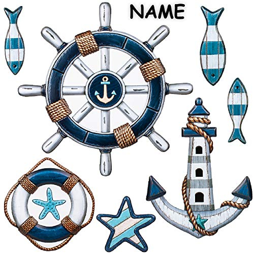 alles-meine.de GmbH 3D Wandsticker freie Motivwahl für Kinder & Erwachsene - 7 TLG. Set - Maritim - Steuerrad - Anker - inkl. Name - Relief Kunststoff - selbstklebend + wiede..