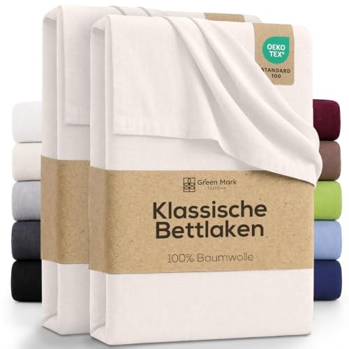 Green Mark Klassische Bettlaken – 2er Pack Flache Laken aus 100 % Baumwolle, ohne Gummi, hautfreundlich, pflegeleicht, bei hohen Temperaturen waschbar - Natur/Creme - 240x275 cm