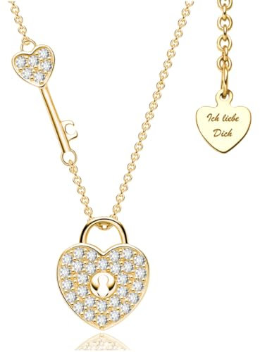 Halskette Damen Silber 925 / Gelbgold Rosegold vergoldet Herzkette mit Schlüssel Damenkette Kette Ich Liebe Dich Silberkette Anhänger Schmuck Jahrestag Geschenke Frauen Freundin (Gelbgold vergoldet)