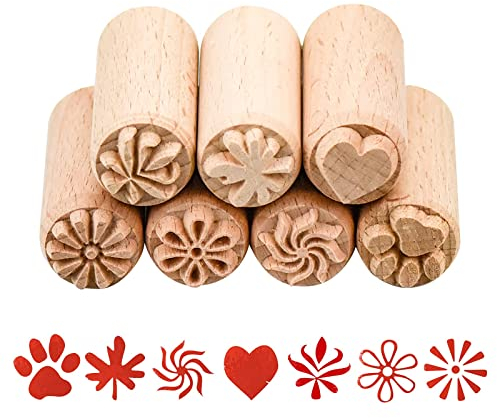 7PCS Wood Stamp, Wooden Handle Pottery Tools Set Clay Stamps Cookie Dough Textiles Scrapbook Printing Tools Block Stamp for Clay Christmas Birthday Gift 50 x 20mm Burlywood