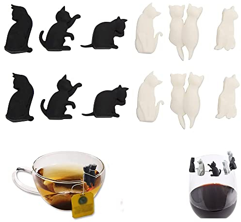 Hezhou 12 Stück Weinglas-Marker Katzen-Getränke-Identifikatoren aus Silikon Glasmarkierer Katze Glasmarker Weinglas Charms Weinglasmarkierer Glasmarkierung Markierung für Party Gläser Weingläser