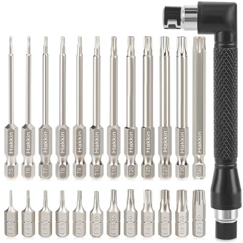 Torx Bit Set Hakkin 24Pcs Torx Screwdriver Sets S2 Steel Magnetic Torx Security Bit Set with Right Angle Screwdriver for Tight Space Operation 25mm 75mm T5-T40 Tamper Proof torx Set