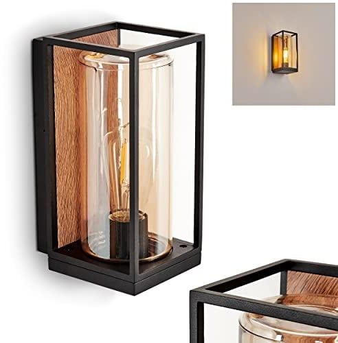 Außenwandleuchte Palanga, Außenleuchte aus Metall in Schwarz/Holzoptik/Braun u. 2 Gläsern (Bernsteinfarben/Klar), Wandlampe für Terrasse/Eingangsbereich, E27, ohne Leuchtmittel, mit tollem Lichteffekt