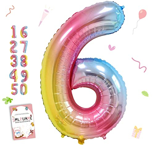 Smlpuame 102cm Folienballon Zahlen Luftballon 0-9 Geburtstag Regenbogen Farbverlauf, Große 6 Ballons für Geburtstagsfeier Feierdekorationen, Heliumfolien Zahlenballons für Hochzeitstag