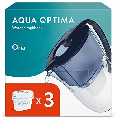 Aqua Optima Oria Carafe Filtrante et 3 Cartouches Filtrantes Evolve+ 30 Jours, Capacité 2,8 litres, Pour la Réduction des Microplastiques, du Chlore, du Calcaire et des Impuretés, Bleu