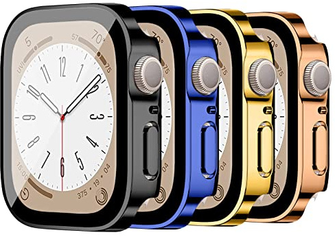 LEIXIUER 4 Stück Uhrenhüllen kompatibel für Apple Watch Series 42mm 46mm 40mm 44mm 41mm 45mm mit Displayschutz aus gehärtetem Glas, Harte PC-Schutzhülle für iWatch Series 10 9 8 7 6 5 4 SE