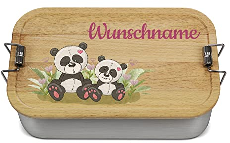 PR Print Royal Große Brotdose Bedrucken mit Name und Kindermotiv - Panda - Geschenk für Kinder zur Einschulung, personalisiertes Geschenk - Brotdose selbst gestalten, Holzdeckel, BPA-frei, 1000 ml