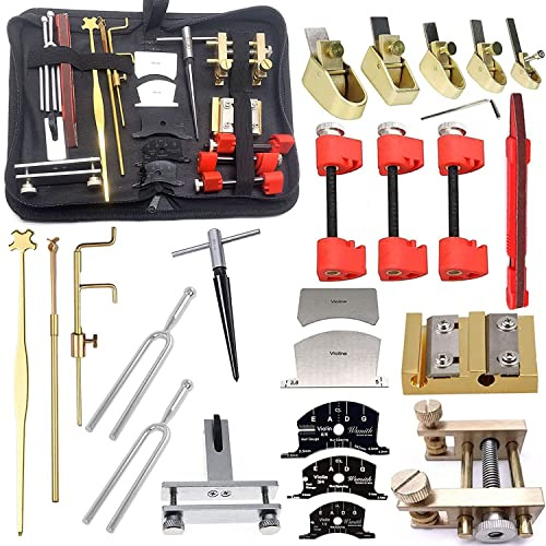 TUOREN Violin Luthier Repair Tool Kit 24pcs Include 8-16mm Thumb Planer Violin Crack Clamp Tuning Fork Bridge Template Sound Post Gauge & Retriever Clip & Setter Tuning Peg Reals Shaver & Reamer Set
