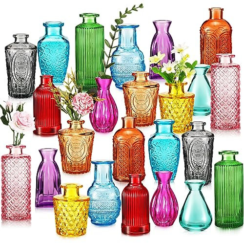 Dandat 24 jarrones pequeños de colores, jarrones decorativos de vidrio, jarrones rústicos en relieve, botellas de vidrio vintage para flores, decoración del hogar, boda, centros de mesa, decoraciones,