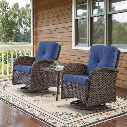 Belord Patio Wicker Swivel Rocker - Outdoor Rocking Chairs Set of 2 with Rattan Side Table, Brown/Blue