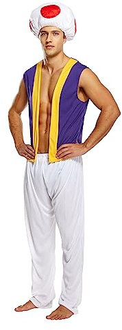 HENBRANDT Adult Men’s Videogame Mushroom Man Fancy Dress Costume XL Retro 1980s Moustache Brothers Novelty Toad Dress Up Outfit One Size Extra Large Mens Fancy Dress Costume