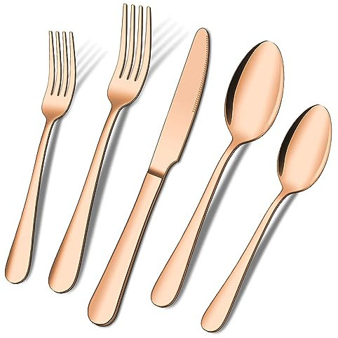 ENLOY – Ensemble de couverts en cuivre mat de 20 pièces en acier inoxydable doré rose pour 4 personnes, comprend couteau, fourchette, cuillère, poli miroir, passe au lave-vaisselle