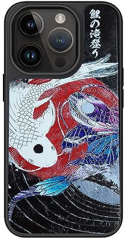 AUKIYUI Designed for iPhone 14 Pro Case, Japanese Design Phone Case Shockproof Hard Back with Non-Slip Soft Bumper Cover, Aesthetic Kuro Koi Print Cool Embossed Pattern, Black 6.1