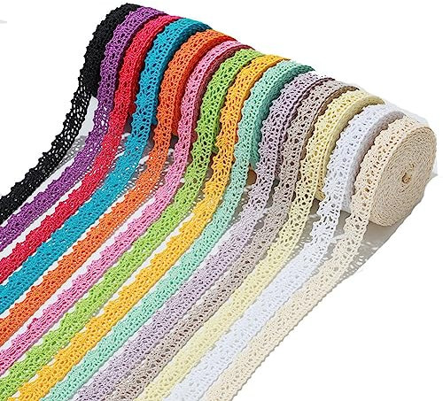 Yurosiay Bunt spitzenband 13 Stück 1 Yard×1.2cm Spitzenborte Baumwolle Vintage Häkel Borte Nichtelastische Zierband Spitze Spitzenbesatz Dekoband Spitze Spitzenbordüre für DIY-Handwerk Nähen