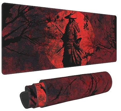 Japanese Samurai Red Moon Black Chreey Bloosm Mouse Pad 11.8x31.5 in Desk Accessories Big Extended Non-Slip Rubber Base Mousepad with Stitched Edges Gaming Pc Desktop Large Mouse Pad