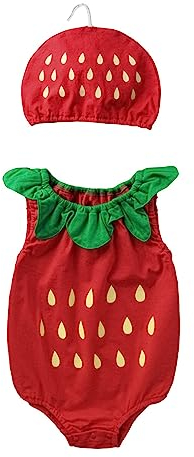 Kleinkind Mädchen Jungen Kostüm Halloween Süße Erdbeere Wassermelone Strampler Karotte Ananas Overall mit Hut 2-teiliges Set Baby Obst Cosplay Kleidung Set 0 bis 18 Monate (Red, 6-12 Months)