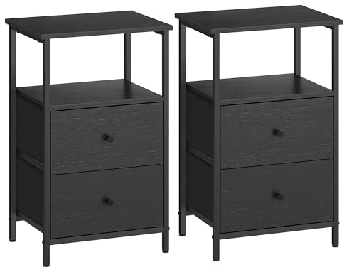 VASAGLE Nuit, Lot de 2, Table de Chevet avec 2 Tiroirs en Tissu, 61 cm de Haut avec Étagère de Rangement, pour Salon, Chambre, Cendré, d’Encre et Noir Mat LGS225B21, 38 x 28 x 61 cm