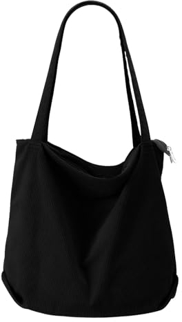 VOSSOT Cord Tasche Damen Umhängetasche mit Reißverschluss Shopper Damen Große Tote Bag Crossbody Schultertasche Handtasche für Arbeit Büro Reise Einkauf Schule und Alltag Schwarz